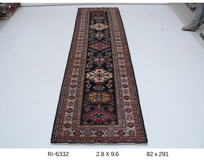Hand-knotted Kazak Rug, Black and Beige, 2.8 x 9.6 ft