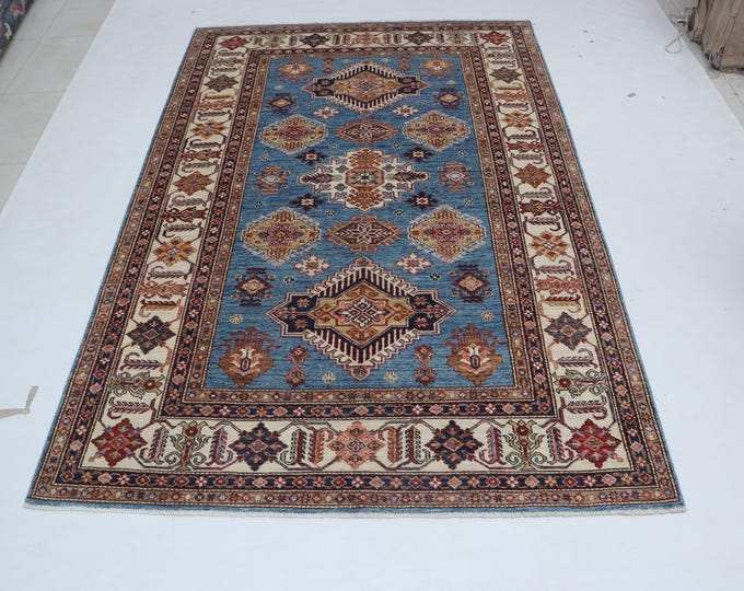 6.0 X 9.4 ft Blue and Beige Geomatrical Handmade , Super Kazak Cotton and Wool