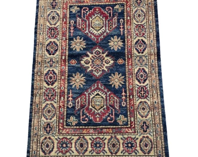 2 X 3 ft Blue and Beige Geometrical Handmade, Super Kazak Rug Cotton and Wool