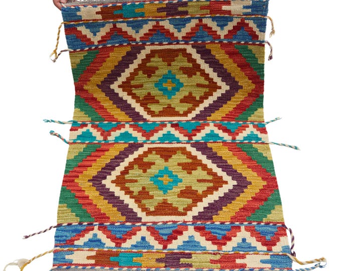 2 X 3 ft Handmade Geometrical Killim Rug, Muilty, Wool