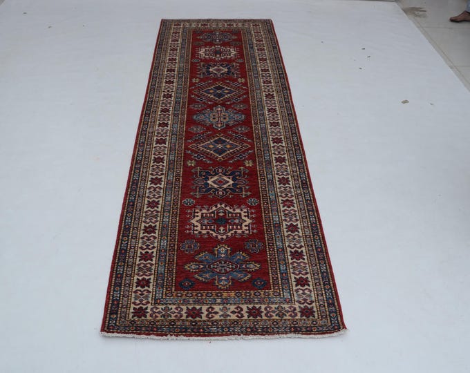 3 X 8 ft Red and Beige Geomatrical Handmade Runner, Super Kazak Cotton and Wool