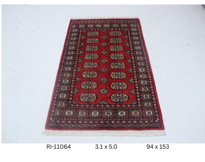 Hand-knotted Mohri Bokhara Cotton and Wool Rug, Geomatrical in Red base and Red border, 3.1 x 5.0 ft