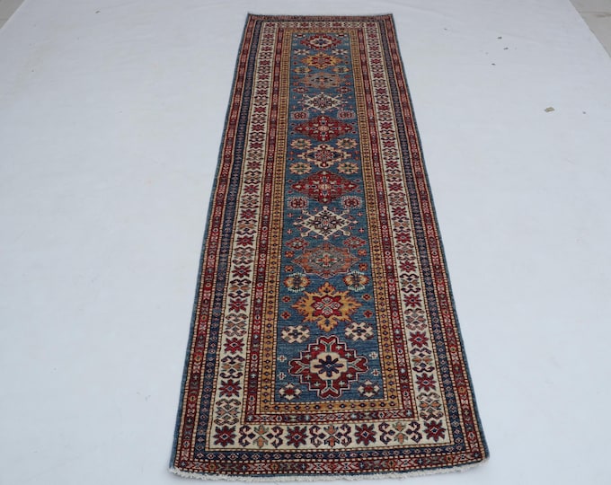 2.7 X 8.0 ft Blue and Beige Geomatrical Handmade Runner, Super Kazak Cotton and Wool