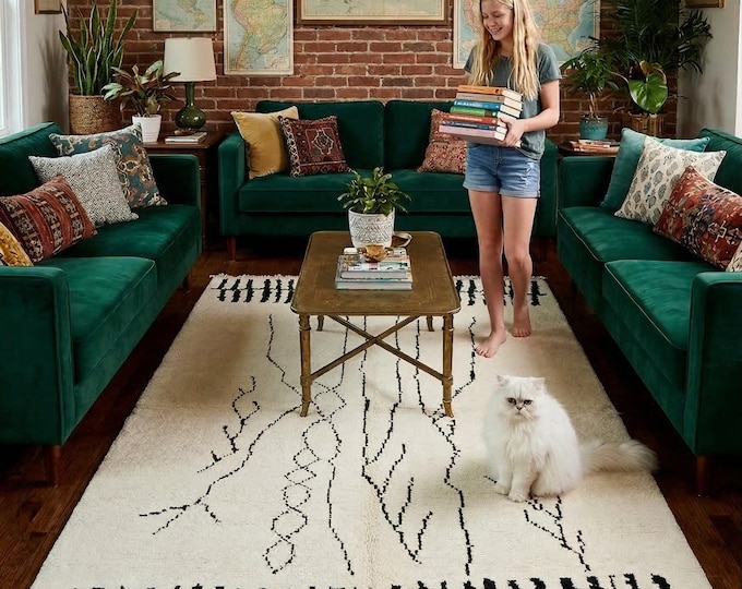 5.3 X 7.9 ft White Geomatrical Handmade ,Morocan Cotton and Wool