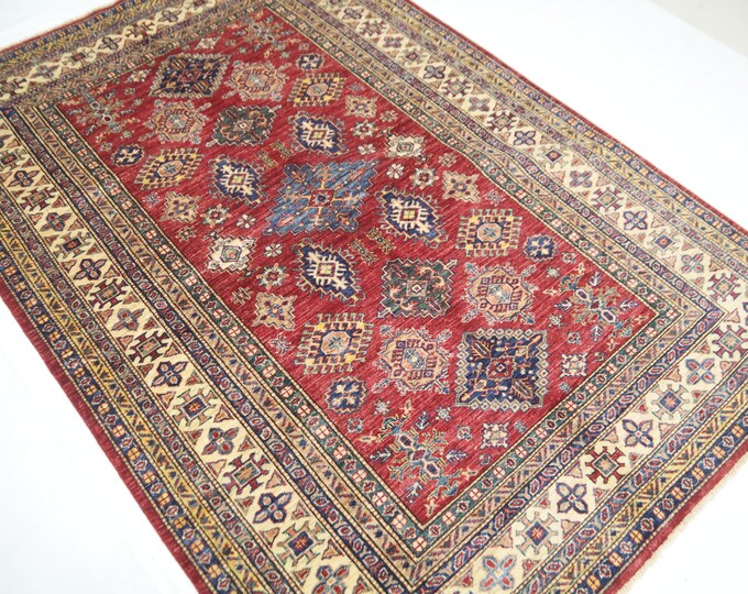 5x8 Red Kazak Rug – Handwoven Afghan Geometric Wool Rug