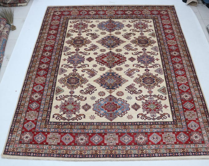 8.2 X 9.7 ft Beige and Red Geomatrical Handmade , Super Kazak Cotton and Wool
