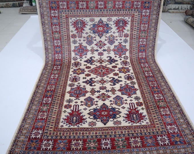 6x8 Hand-Knotted Kazak Rug – Beige Red Geometric Afghan Wool