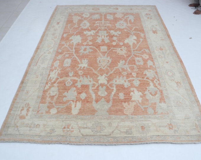 6.1 X 8.10 ft Copper and Beige Floral Handmade ,Oshak Wool