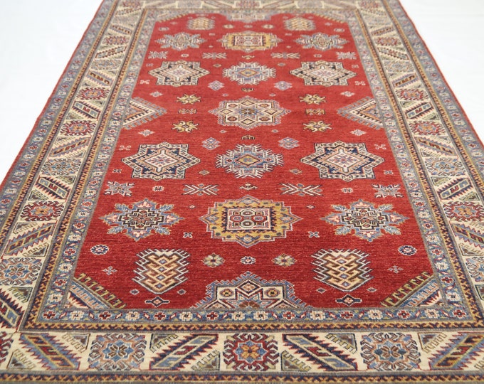 Handmade Red Wool Kazak Rug – Geometric Afghan Rug (5.5x8.1 ft)