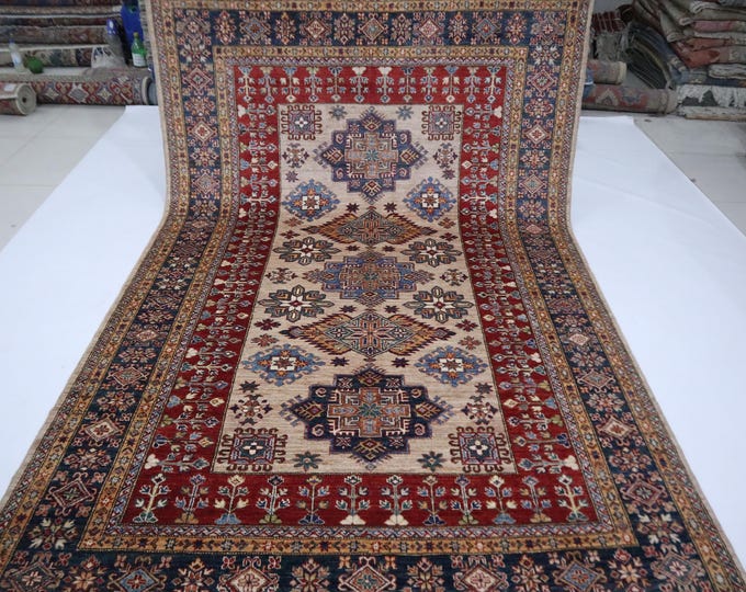 6x9 Light Brown Wool Kazak Rug – Afghan Handmade Geometric Rug
