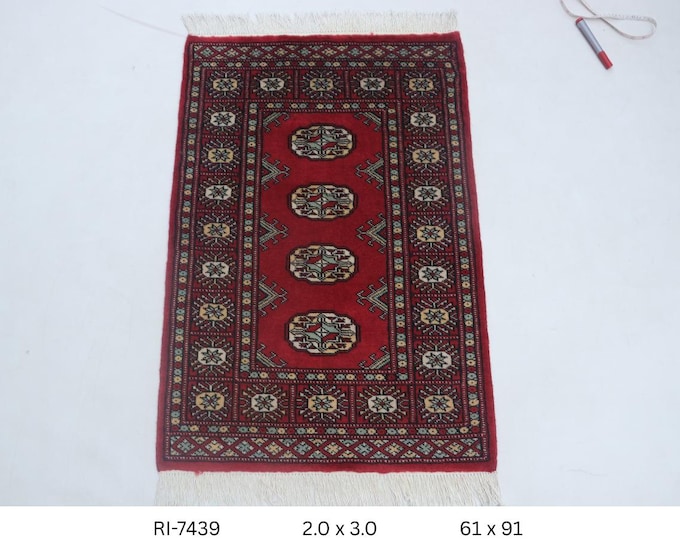 Hand-knotted Mori Bokhara Cotton and Wool Rug, Geomatrical in Red base and Red border, 2.0 x 3.0 ft