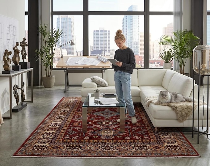 5 X 7 ft Red and Beige Geomatrical Handmade, Super Kazak Cotton and Wool