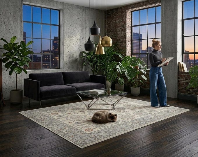 5.0 X 7.1 ft Beige and Gray Floral Handmade Runner ,Heriz Cotton and Wool