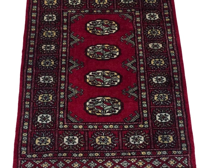 2 X 3 ft Red Geometrical Handmade, Mori Bokhara Cotton and Wool