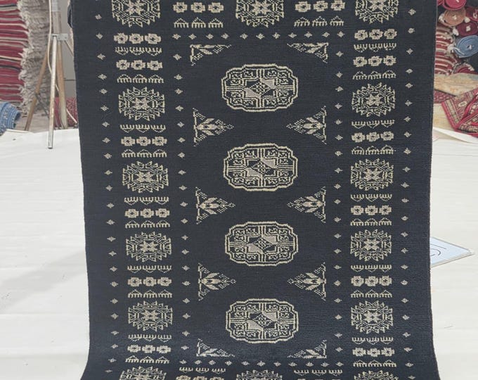 2.5 X 4 ft Black Geometrical Handmade, Mori Bokhara Cotton and Wool