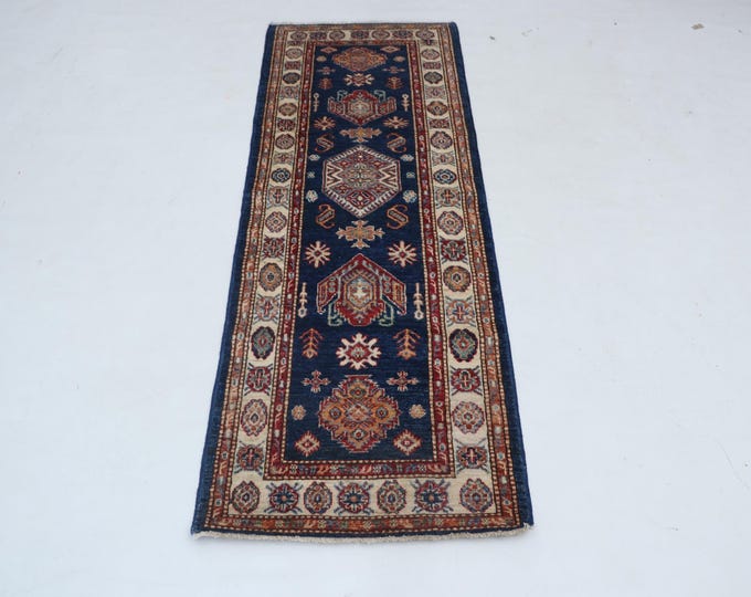 2.2 X 5.1 ft Blue and Beige Geomatrical Handmade Runner, Super Kazak Cotton and Wool