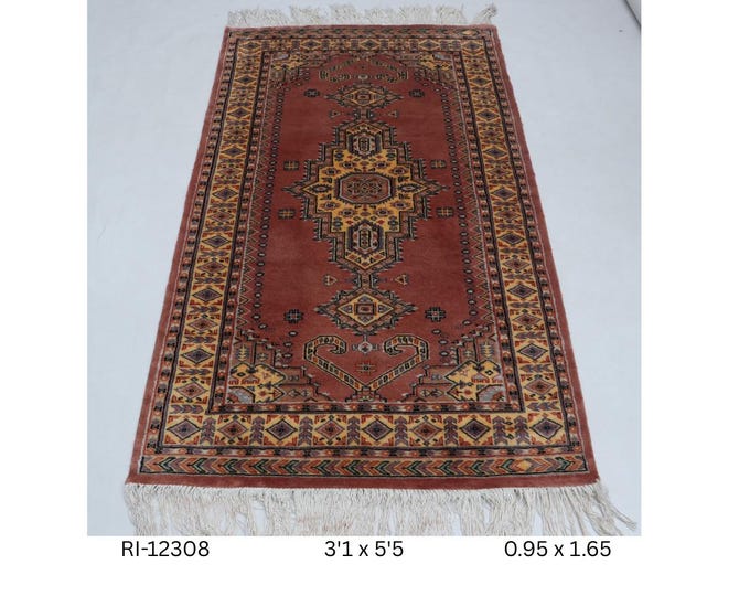 Hand-Knotted Wool & Silk Touch Rug, Red Geometric Design (3.1 x 5.5 ft.)