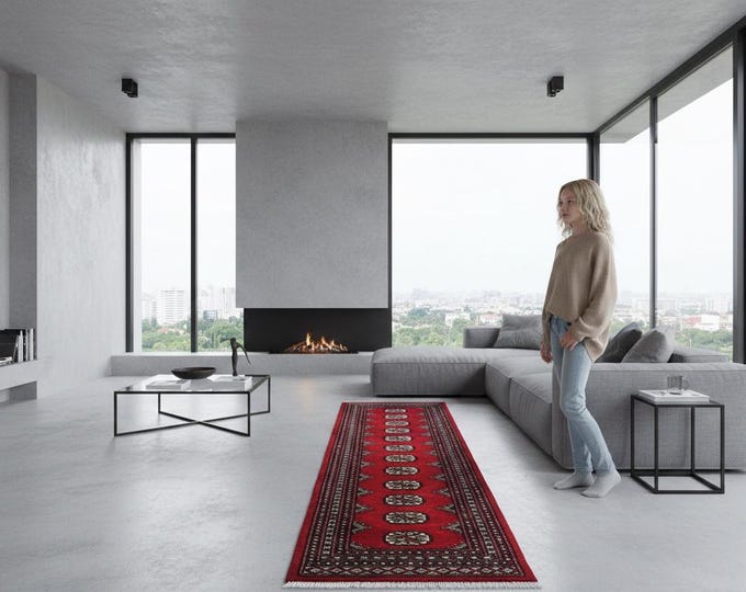 2.0 X 6.0 ft Red Geomatrical Handmade, Mori Bokhara Cotton and Wool