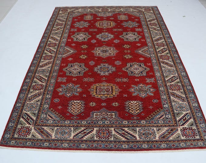 5.6 X 8.0 ft Red and Beige Geomatrical Handmade, Super Kazak Cotton and Wool