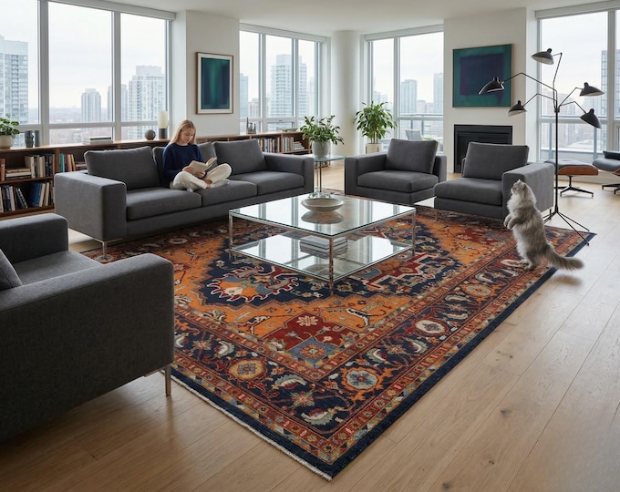 9.3 X 11.9 ft Blue  Geomatrical Handmade , Super Kazak Cotton and Wool