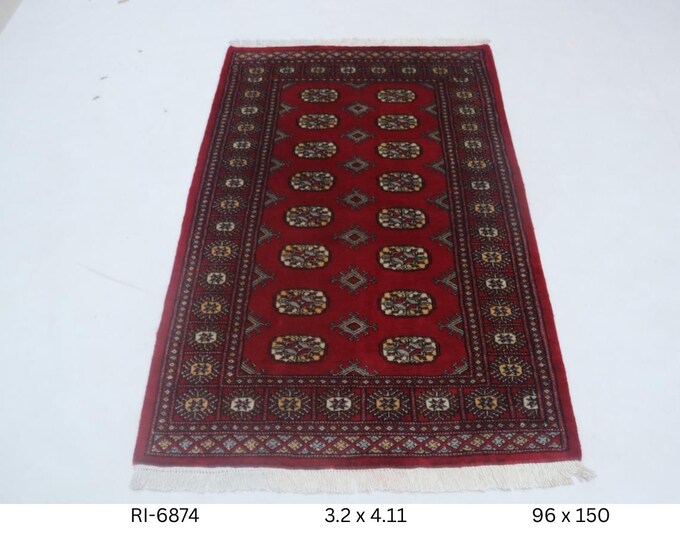 Hand-knotted Mohri Bokhara Cotton and Wool Rug, Geomatrical in Red base and Red border, 3.2 x 4.11 ft