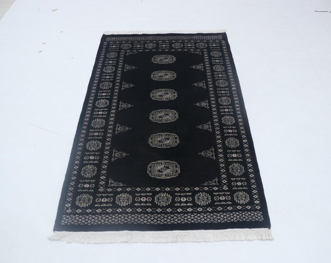 Hand-knotted Mohri Bokhara Cotton and Wool Rug, Geomatrical in Black base and Black border, 3.1 x 5.1 ft