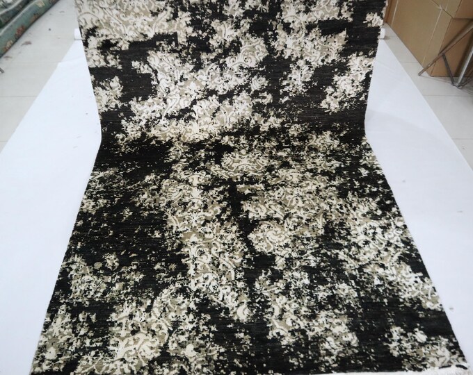 6x9 Ft Hand-Knotted Wool Area Rug, Black White Abstract Design