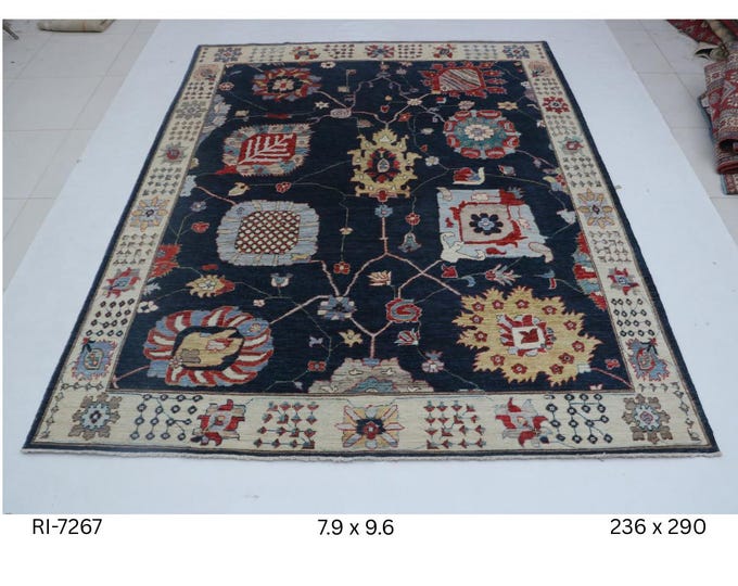 Hand-Knotted Wool Oshak Rug, Floral Blue and Beige, 7.9 x 9.6 ft