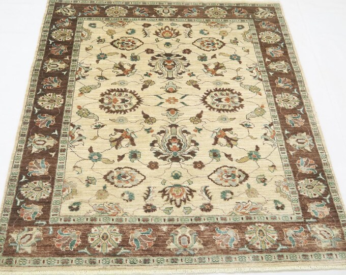 5x6 Beige Brown Chobi Rug – Afghan Floral Hand-Knotted Wool