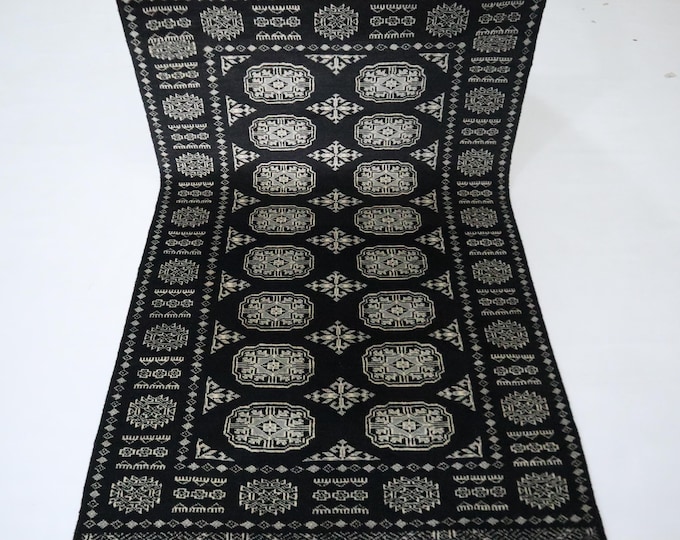 Hand Knotted Mori Bokhara Wool Rug, Black Geometric Tribal Rug, 3x5 Ft