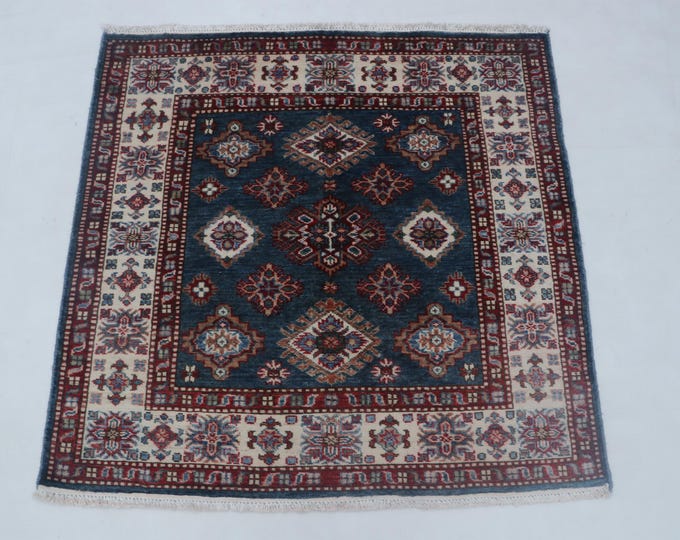 3.2 X 3.1 ft Blue and Beige Geomatrical Handmade , Super Kazak Cotton and Wool