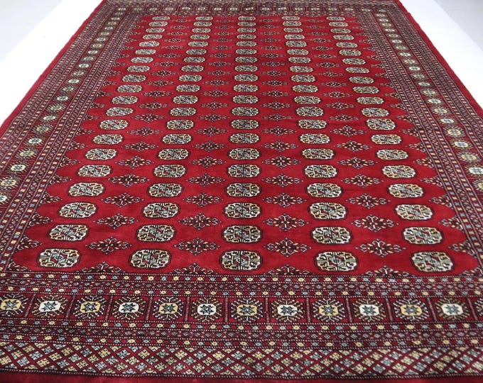 8 X 10 ft Handmade Geometrical Mori Bokhara Rug, Red, Cotton amd Wool