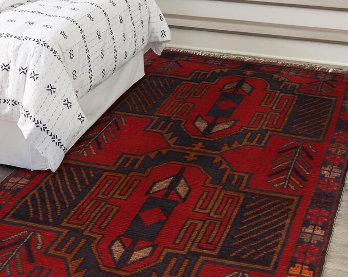 Hand-knotted Baluchi in Blue and Orange 2.95 x 4.59 ft