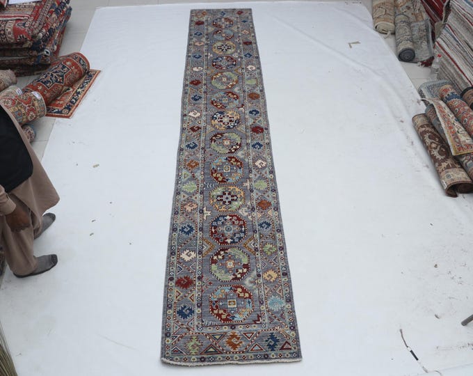 2 X 14 ft Gray Floral Handmade Runner, Chobi Cotton and Wool