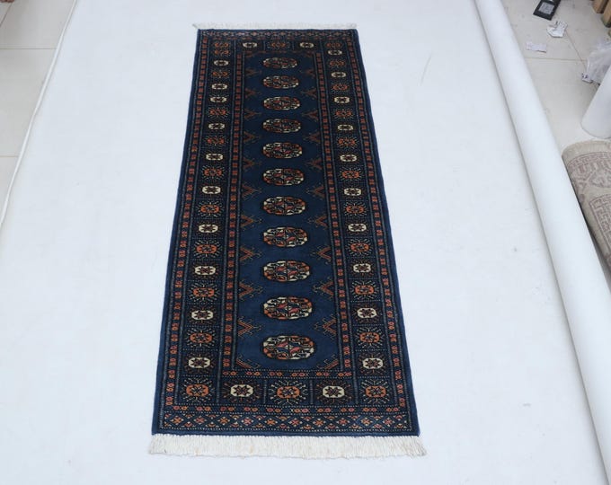 2 X 6 ft Blue Geometrical Handmade Runner, Mori Bokhara Cotton and Wool