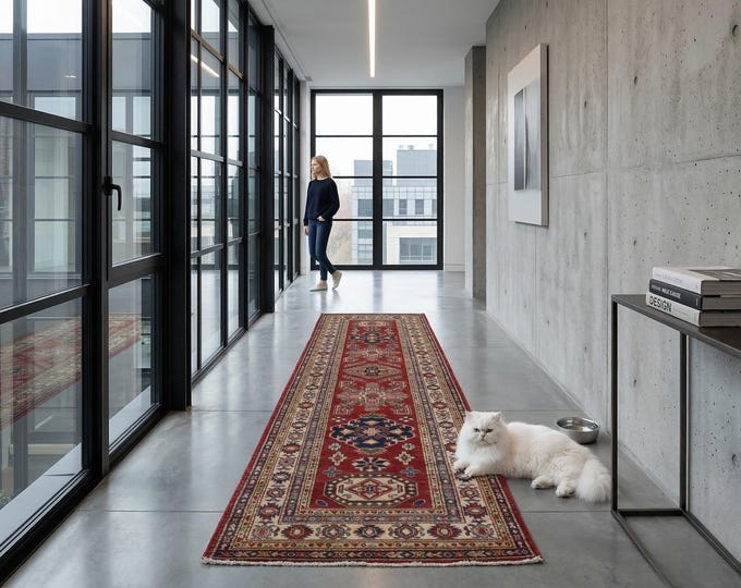 2.7 X 8.2 ft Beige and Red Geomatrical Handmade Runner, Super Kazak Cotton and Wool