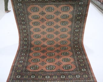 Hand Knotted Mori Bokhara Wool Rug, Tan Brown Geometric Tribal Rug, 4x6 Ft