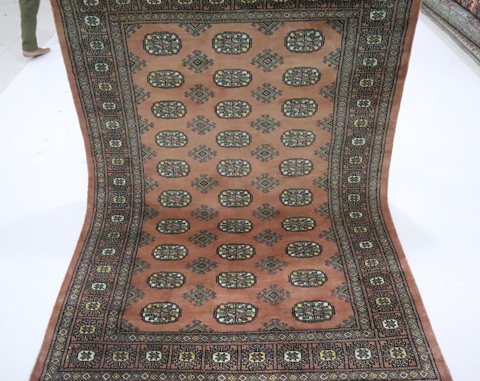 Hand Knotted Mori Bokhara Wool Rug, Tan Brown Geometric Tribal Rug, 4x6 Ft