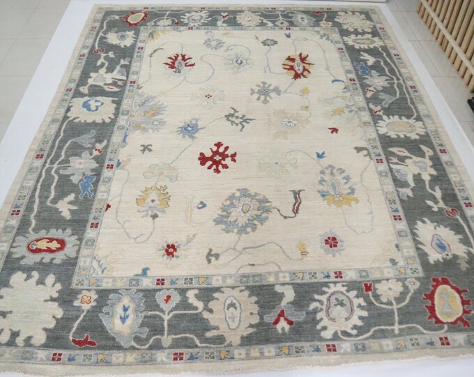 9x12 Beige Gray Oushak Rug, Hand-Knotted Wool, Floral Afghan Rug