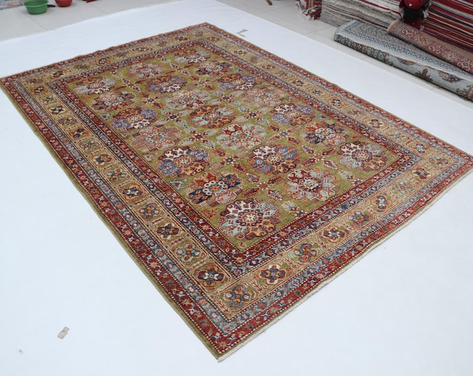 Hand-knotted Kazak Wool Rug, Green Beige Geometric Rug, 6.1 x 8.3 ft