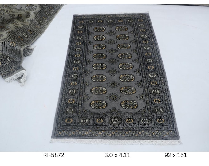 3.0 X 4.11 ft Gray Geomatrical Handmade Runner, Mori Bokhara Cotton and Wool