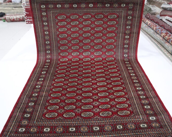 Hand Knotted Mori Bokhara Wool Rug, 6'2x9'4, Red Geometric Tribal Design