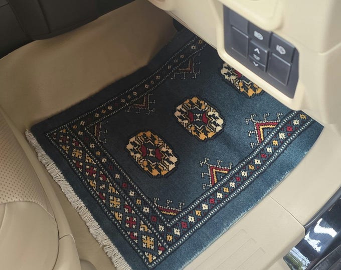 1.5 X 2 ft Geomatric Handmade Car Mats Pair, Blue Wool Car Floor Rugs, Cotton and Wool