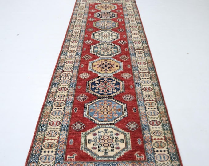 8 ft Red Kazak Runner Rug, Hand Knotted Afghan Wool