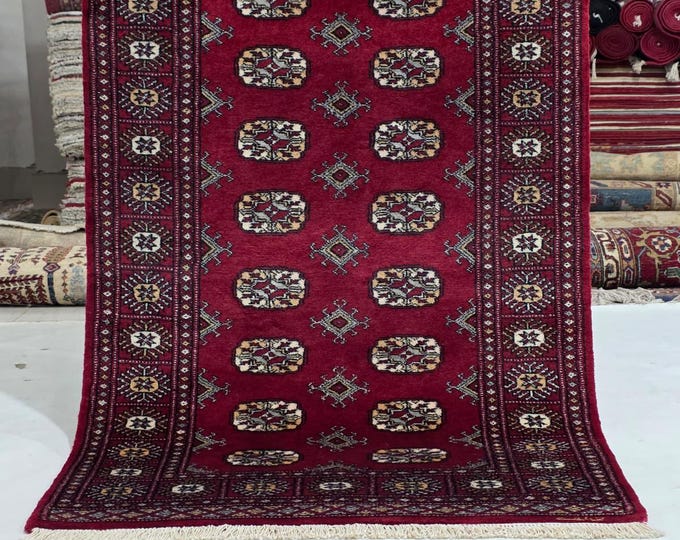 3 X 5 ft Geometrical Mori Bokhara Rug, Red, Handmade Cotton and Wool