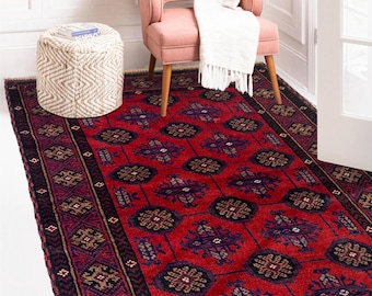 Hand-knotted Baluchi in Red and Brown 2.95 x 4.59 ft