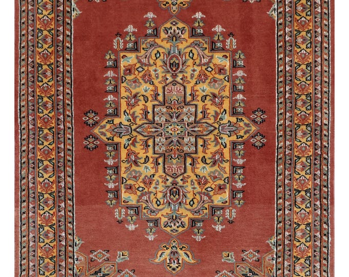 4.1 X 6.3 ft Copper Geomatrical Handmade ,Farsh-e-Nayle Cotton Wool and Silk touch