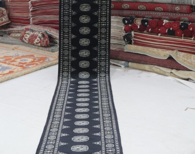 3 X 16 ft Black Geomatrical Handmade Runner, Mori Bokhara Cotton and Wool