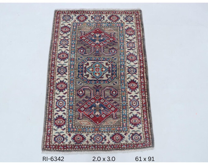Hand-knotted Super Kazak Cotton and Wool Rug, Geomatrical in Brown base and Beige border, 2.0 x 3.0 ft