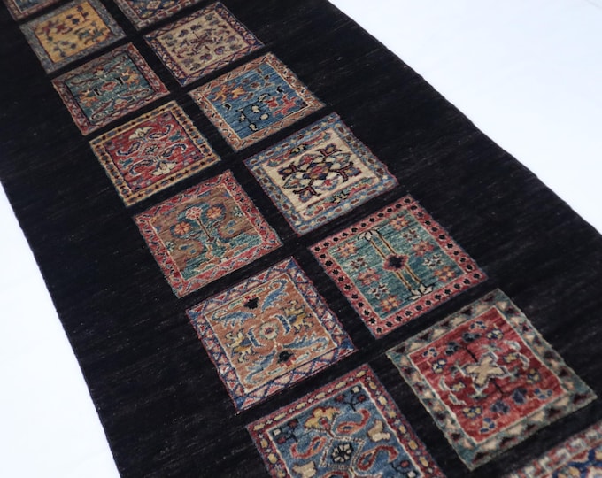 8 Ft Hand Knotted Wool Runner Rug, Black Persian Style Bakhtiari Design